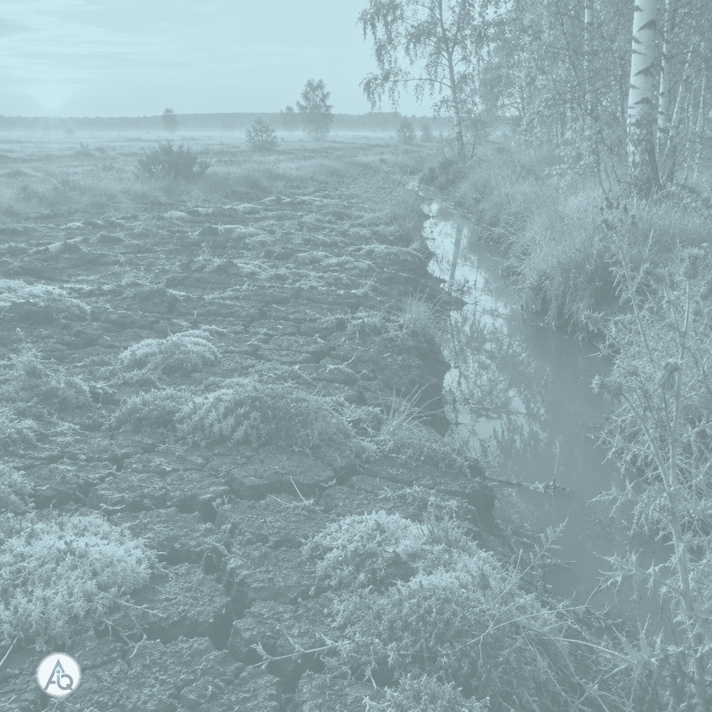 Uitgestrekt veenmoeras met veenmos en bruin veenwater in de vroege ochtend