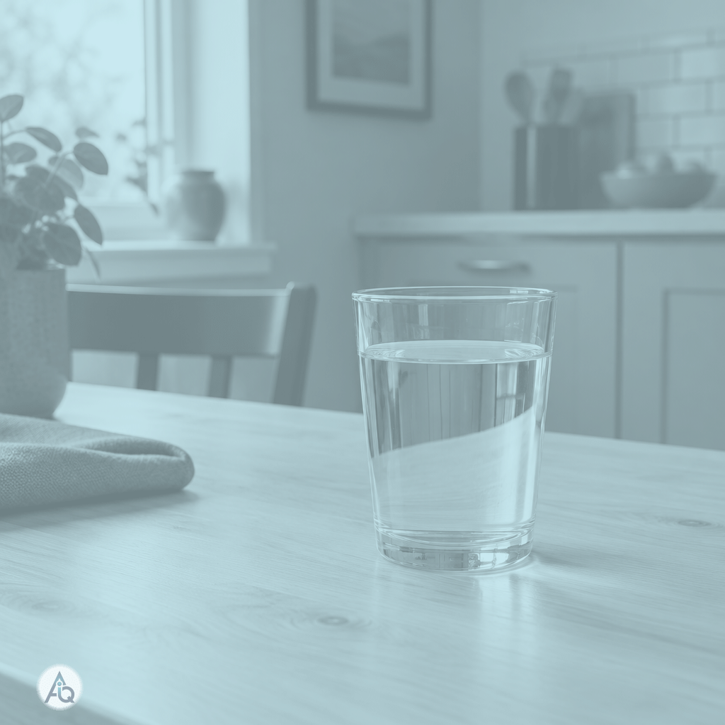 Glas helder kraanwater op een houten keukentafel, op de achtergrond een keuken