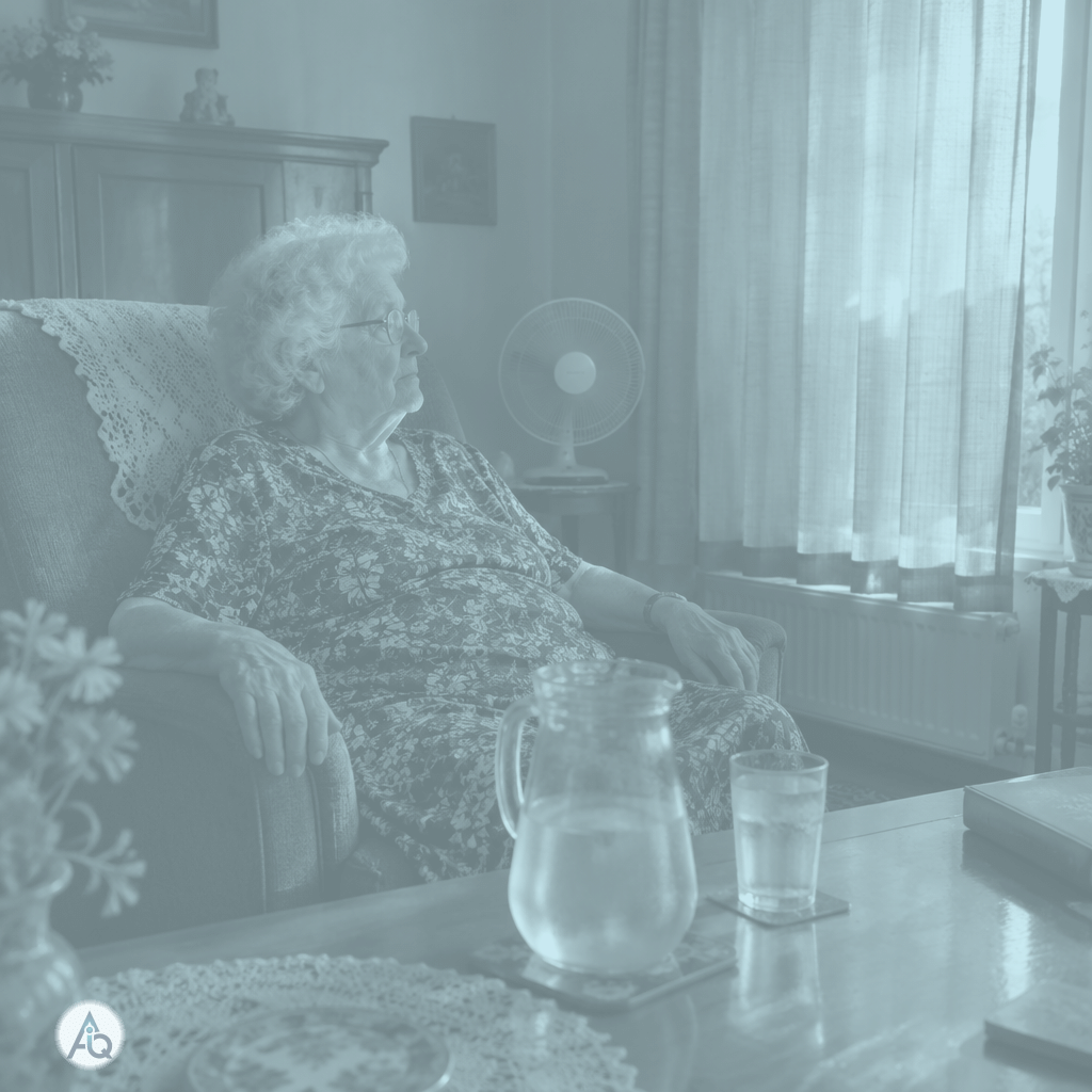 Oudere vrouw in haar woonkamer tijdens een hittegolf, met een kan water en een glas binnen handbereik en een ventilator op de achtergrond