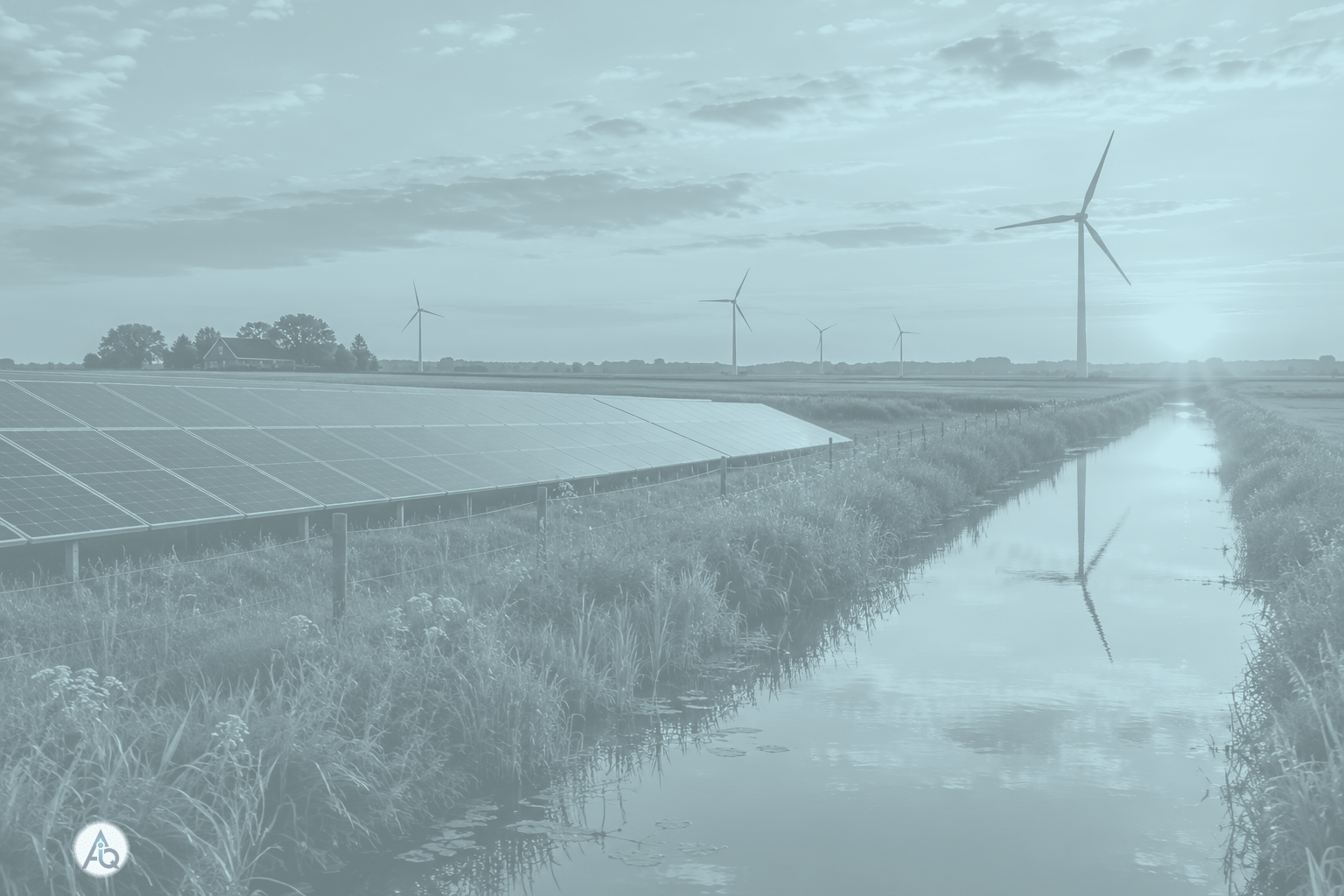 Nederlands polderlandschap bij gouden avondlicht met windturbines en zonnepanelen