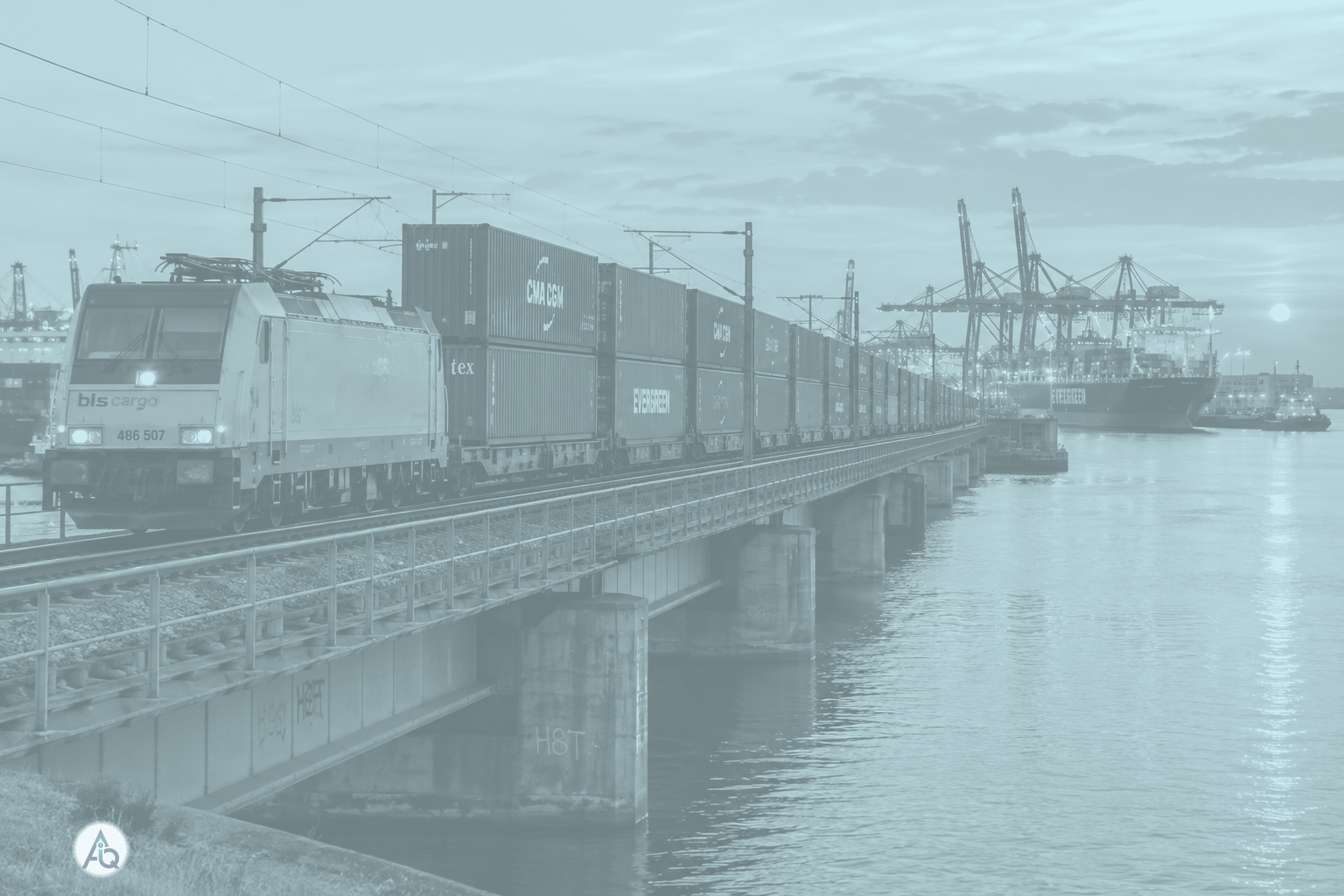 Goederentrein met dubbelgestapelde containers bij een haven