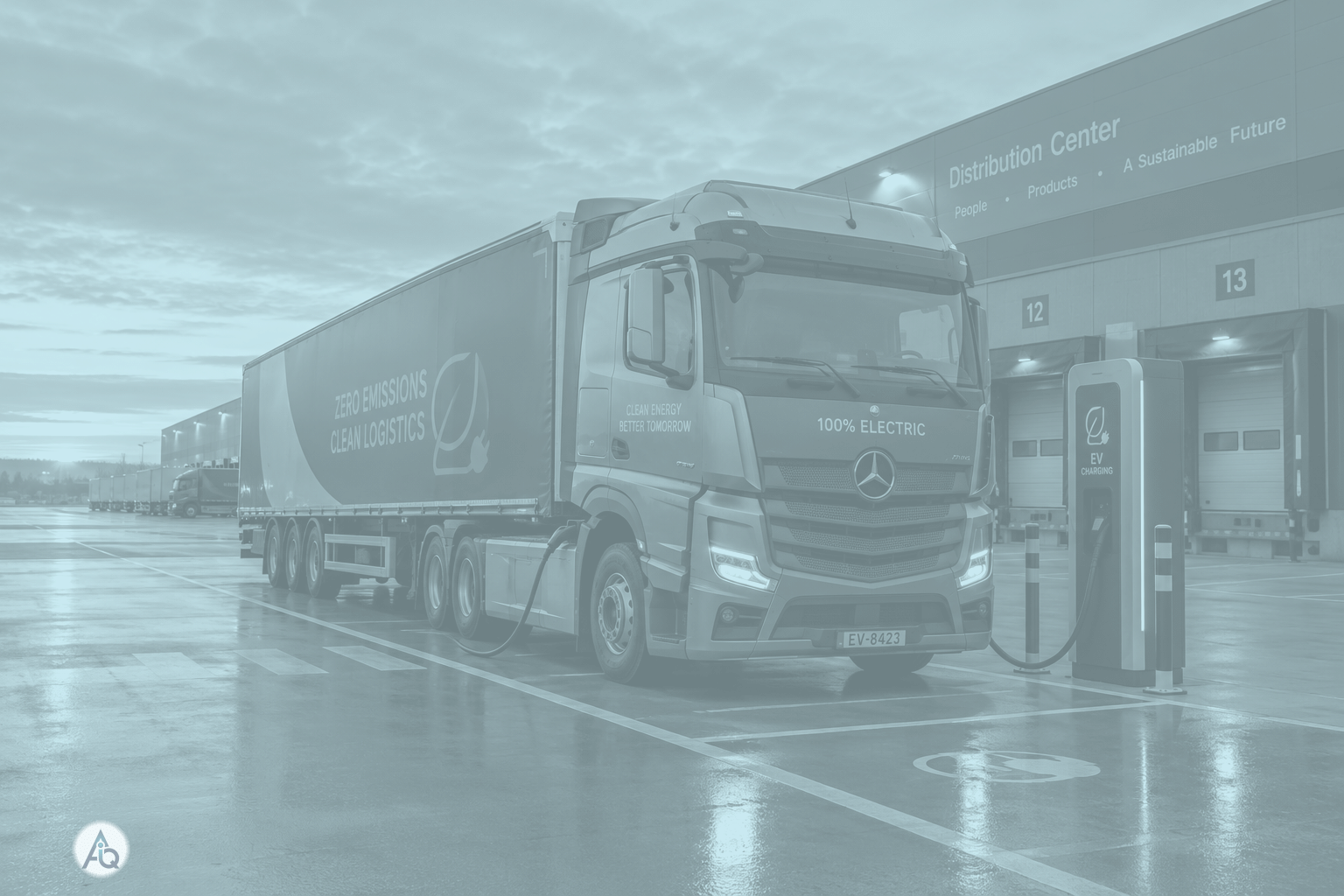 Elektrische vrachtwagen laadt bij een distributiecentrum