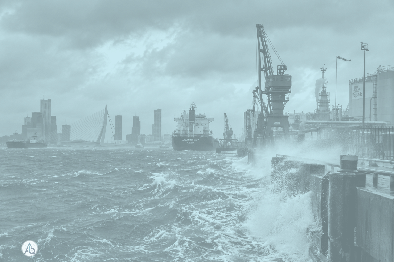 Stormachtige Rijn-Maasmonding bij Rotterdam met opspattend water langs een industriehaven