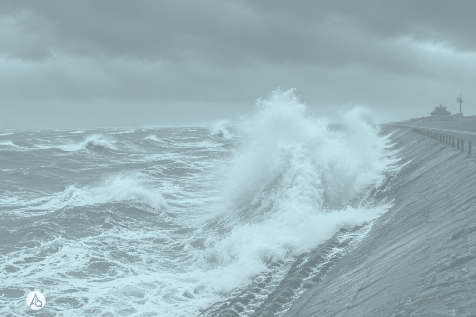 Zware golven slaan tijdens een herfststorm tegen een Nederlandse zeedijk onder een donkergrijs wolkendek