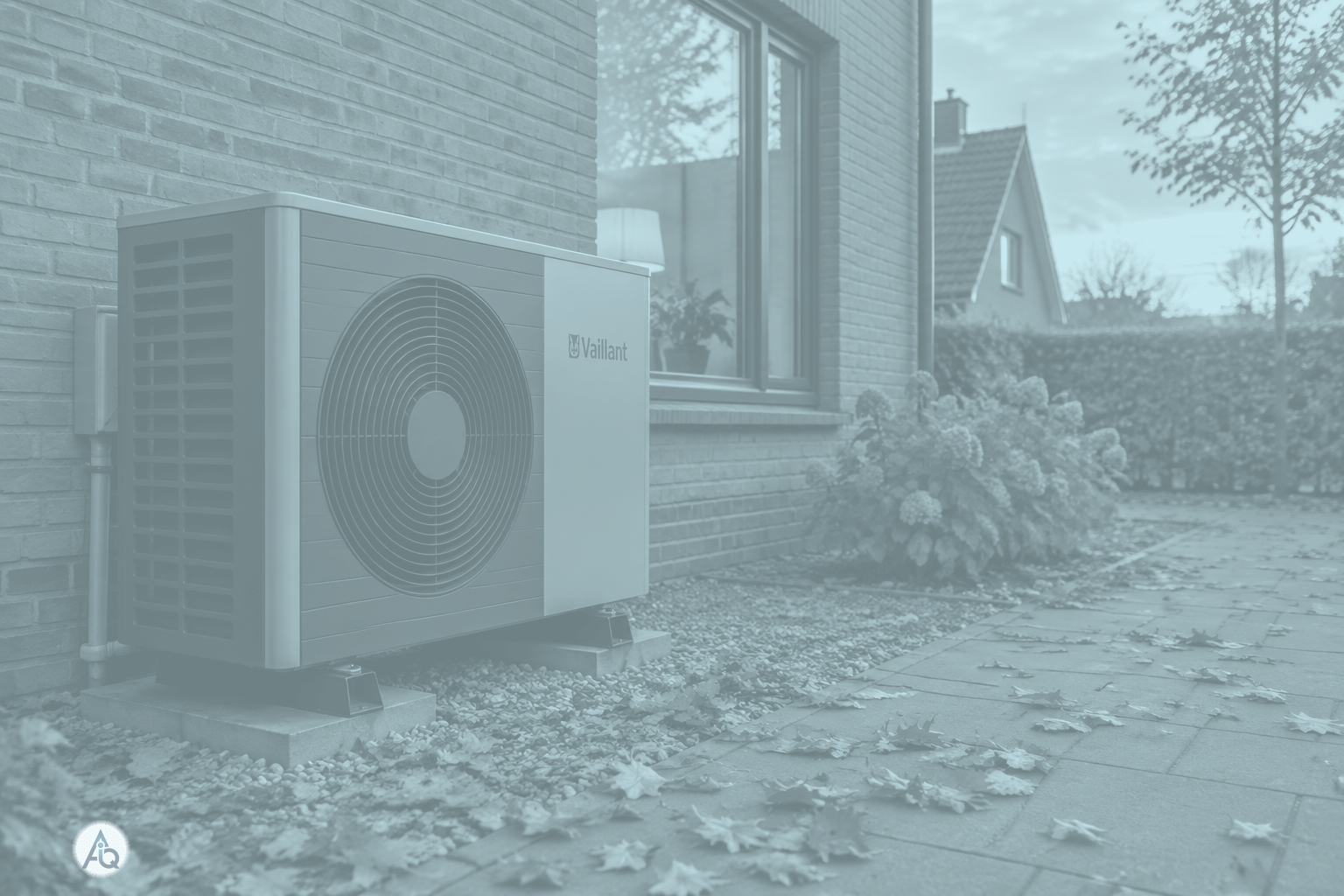 Moderne lucht-water warmtepomp buitenunit naast een woning met herfstbladeren
