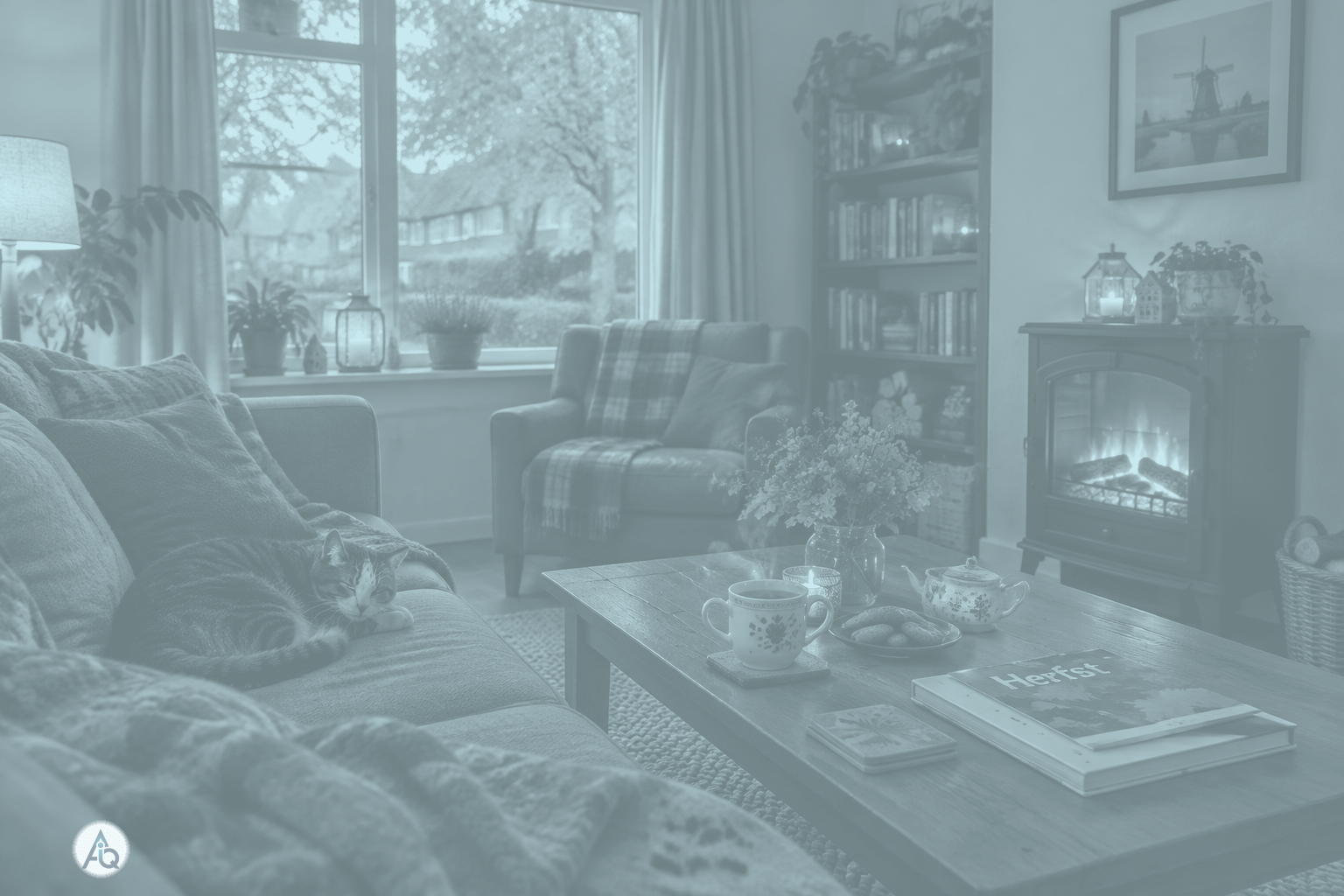 Gezellige woonkamer op een herfstavond met een elektrische kachel als warmtebron