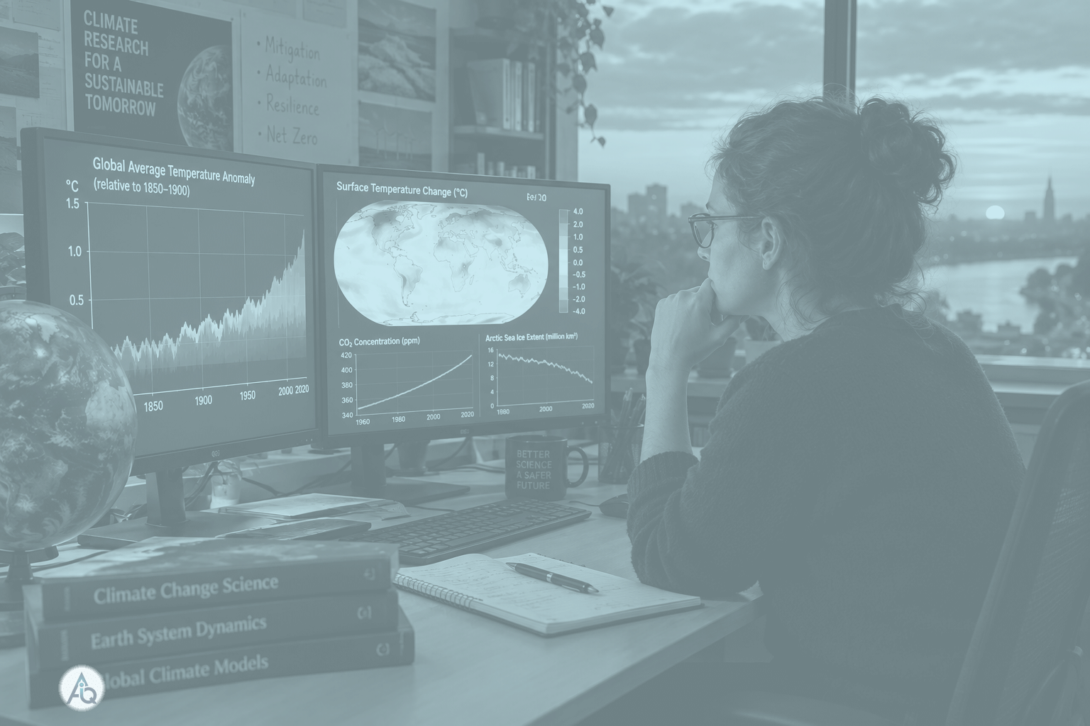 Klimaatwetenschapper achter een bureau met grafieken van klimaatdata op beeldschermen en een globe