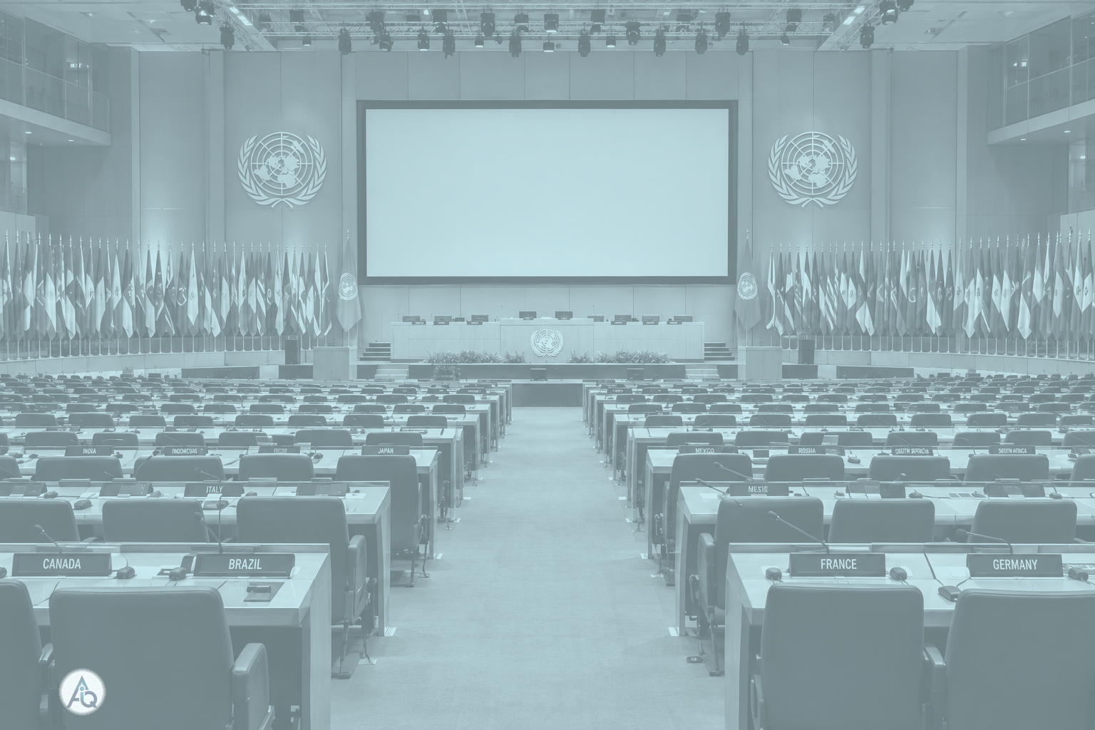 Lege plenaire zaal van een internationale top met rijen gedelegeerdenzetels en een groot leeg scherm