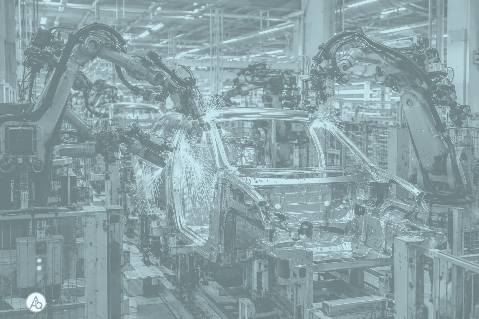 Robotarmen in een moderne autofabriek lassen carrosseriedelen