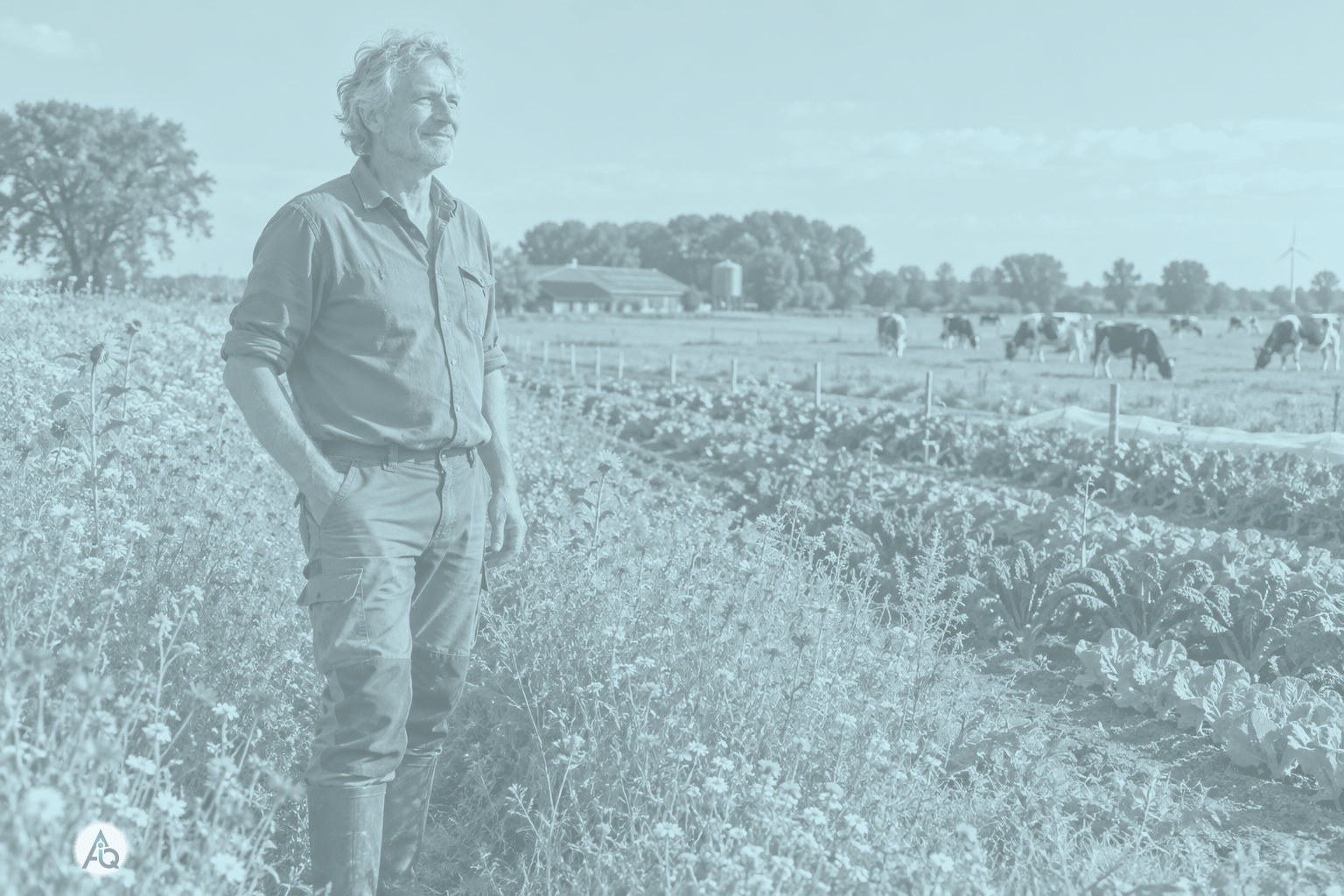 Biologische boer staat bij een bloemrijke akkerrand met wildbloemen en grazende koeien op de achtergrond