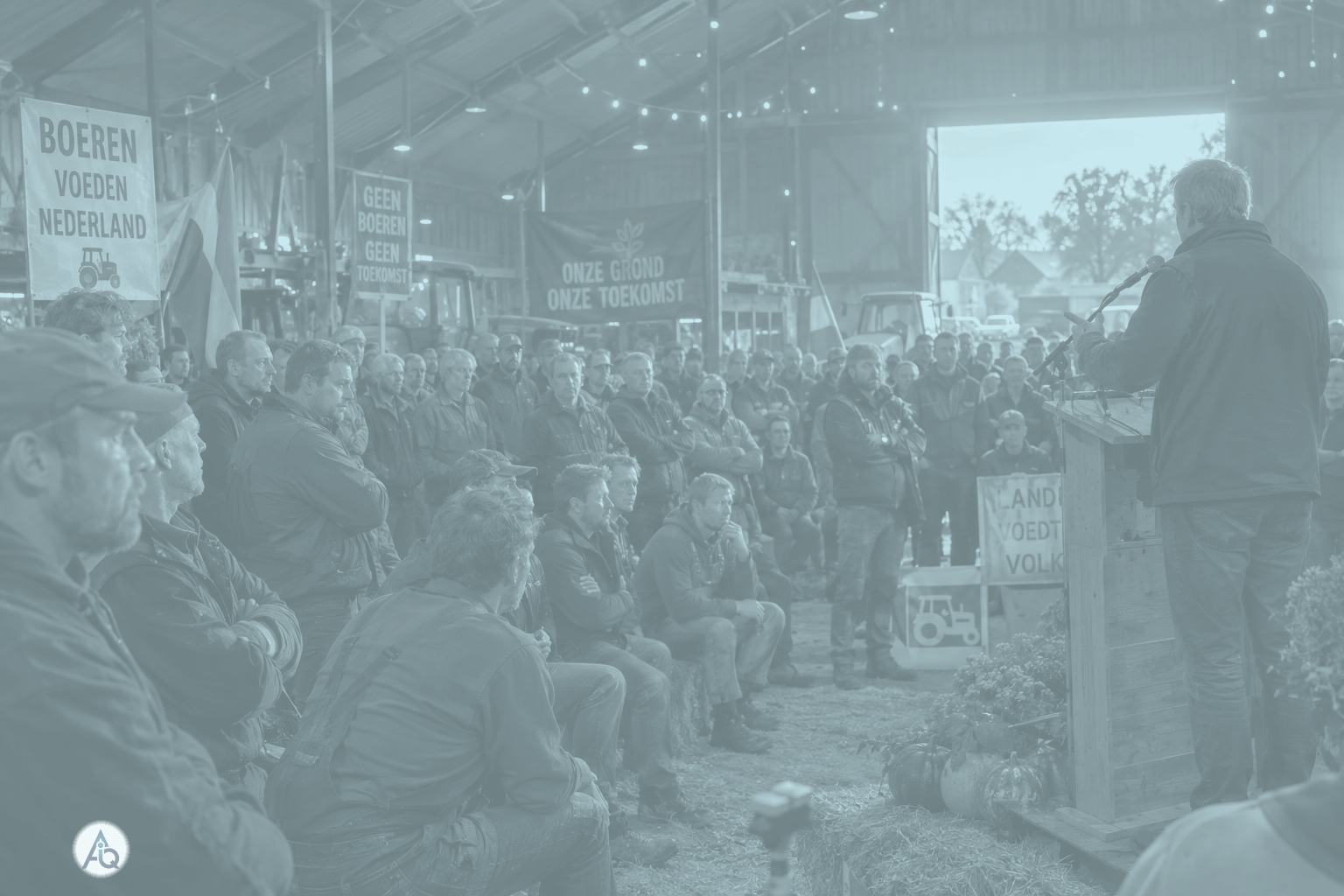 Boeren luisteren tijdens een bijeenkomst in een schuur naar een spreker over het stikstofbeleid