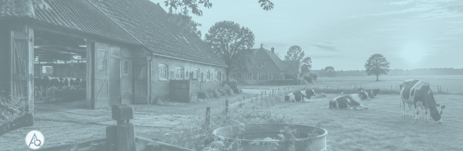 Boerenerf met koeienstal en weide met koeien bij avondlicht
