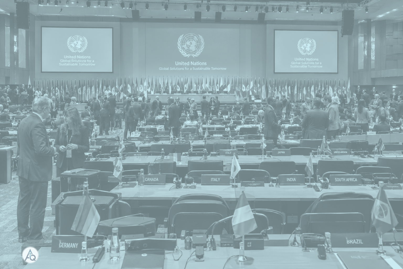 Internationale conferentiezaal met vlaggen en gedelegeerden van de VN-biodiversiteitstop