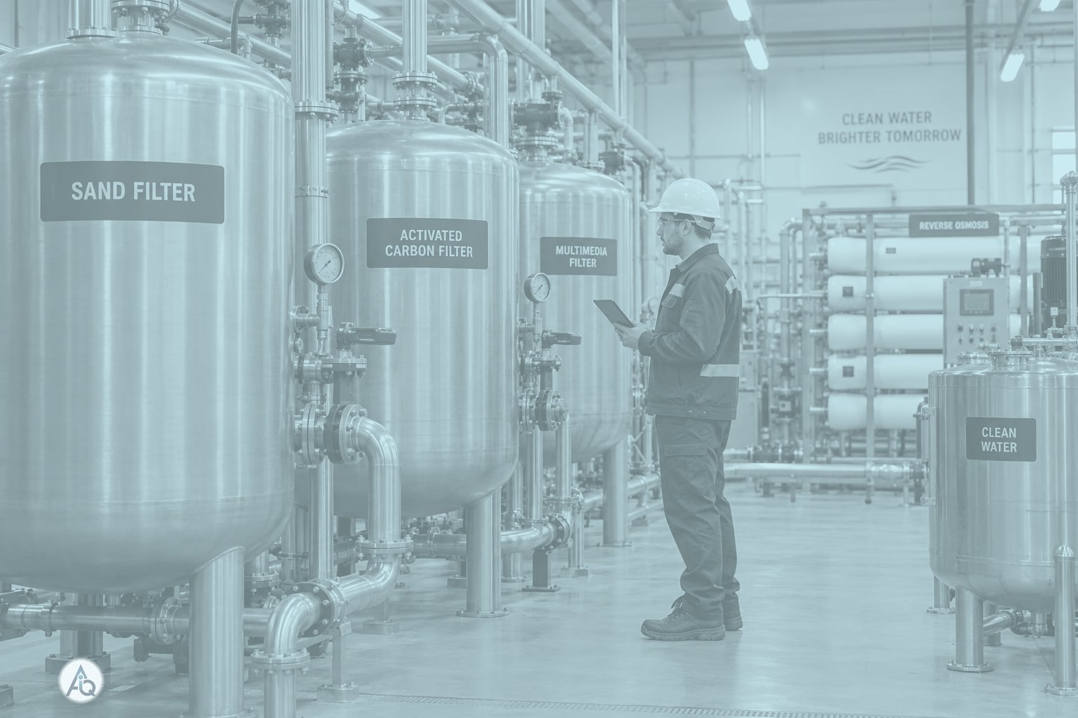 Moderne drinkwaterzuivering met roestvrijstalen filtratie-installaties en een medewerker die meters controleert