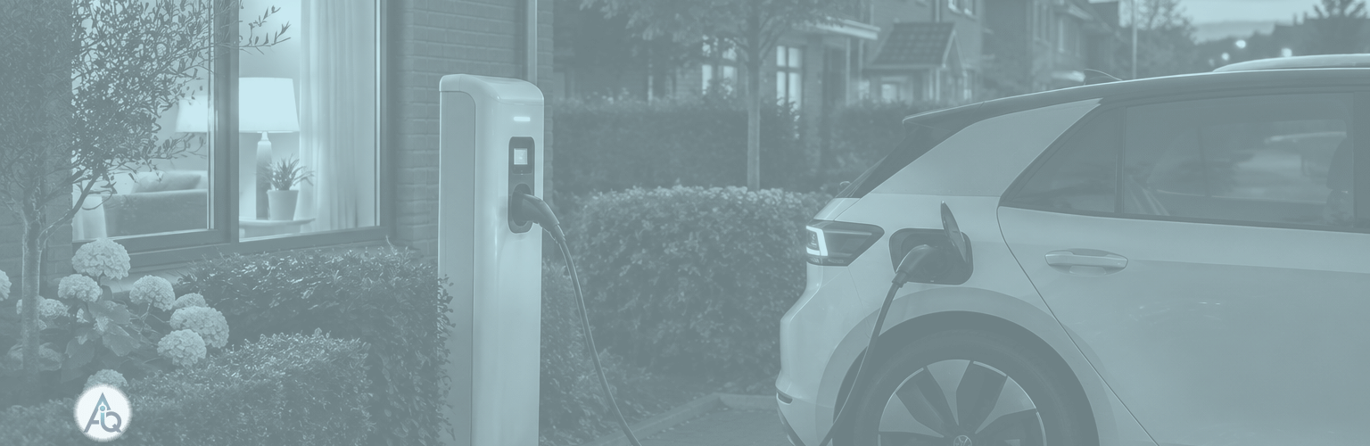 Elektrische auto laadt thuis aan een laadpaal in een Nederlandse woonwijk bij avond