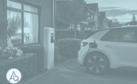Elektrische auto laadt thuis aan een laadpaal in een Nederlandse woonwijk bij avond