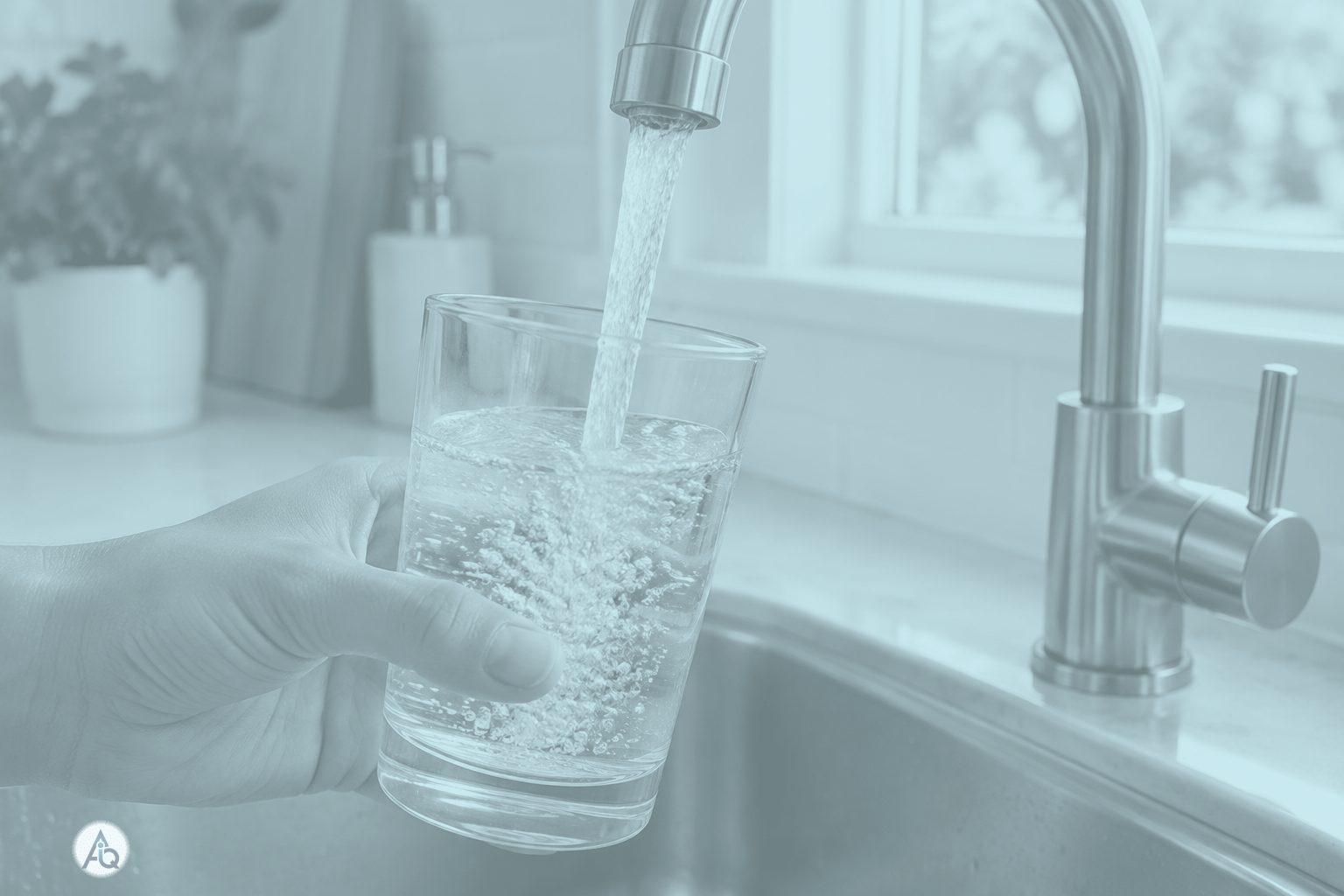 Een helder glas kraanwater wordt gevuld vanuit de keukenkraan, met sprankelende waterstraal in zacht daglicht