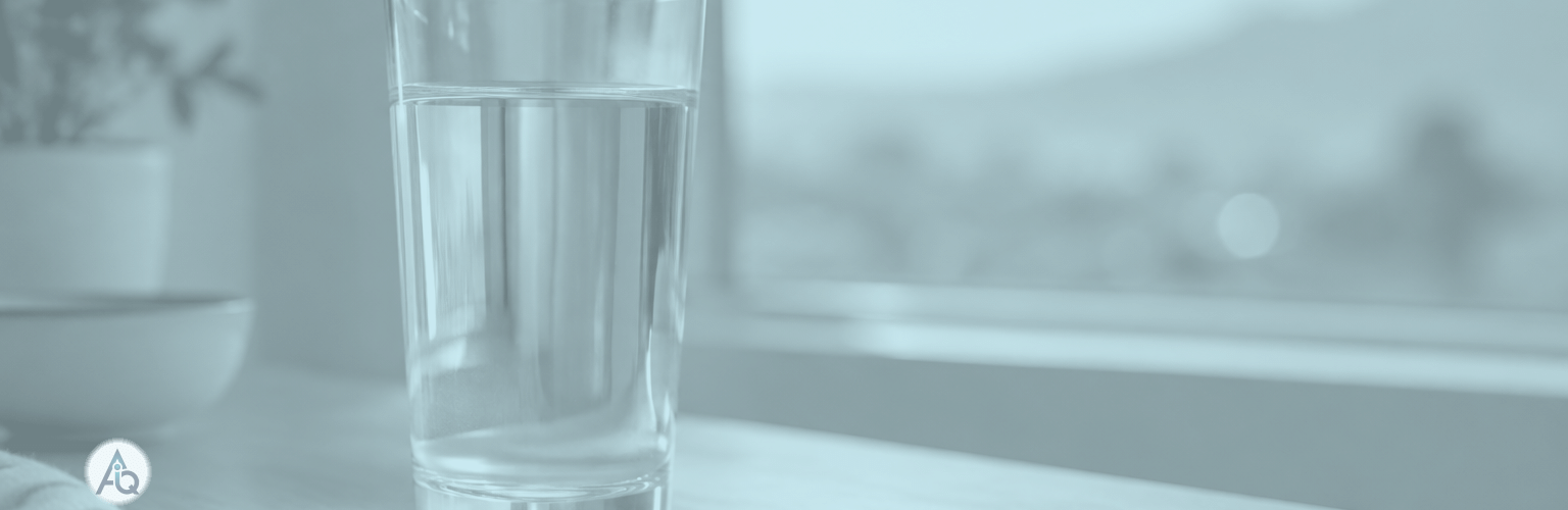 Een hoog glas helder water op een lichte houten tafel bij een raam met zacht blauw ochtendlicht