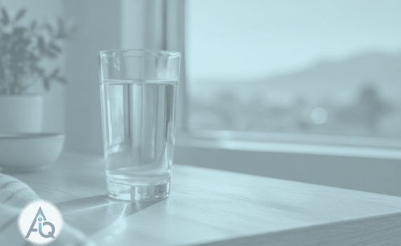 Een hoog glas helder water op een lichte houten tafel bij een raam met zacht blauw ochtendlicht