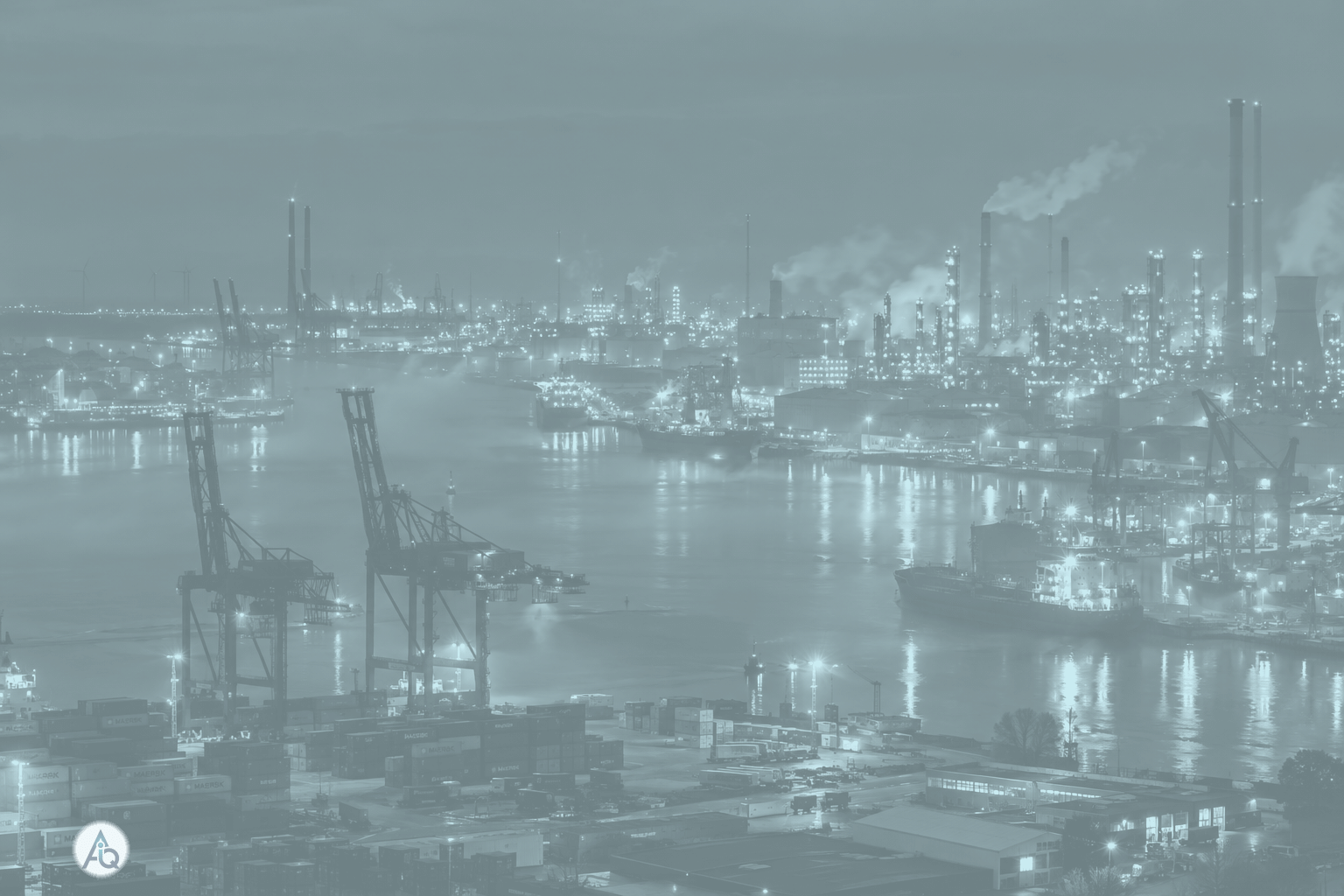 Verlicht haven- en industriecluster met kranen en raffinaderijen bij avond