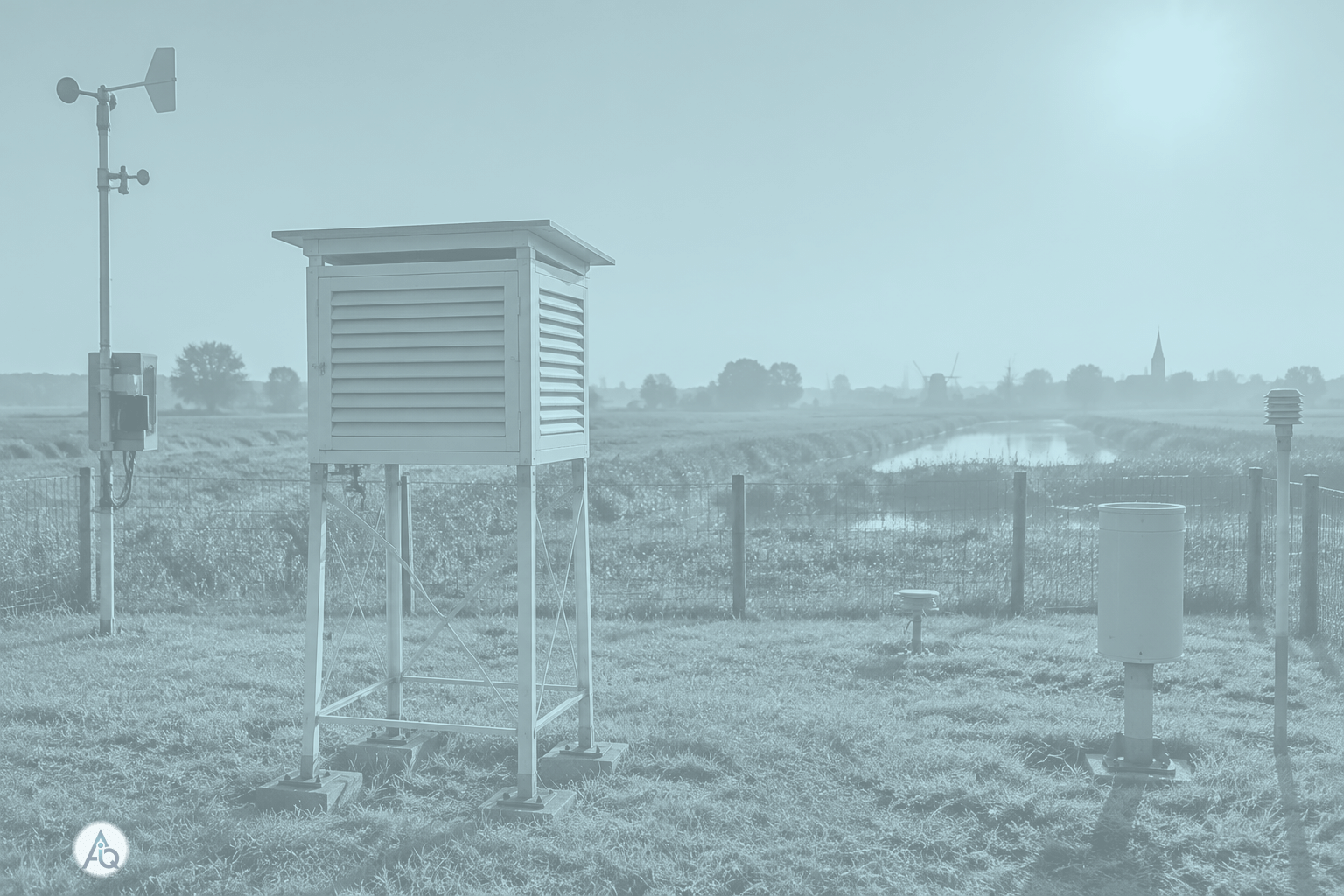 Methut van een weerstation in de wei op een uitzonderlijk warme dag eind september, hittegolfschemer boven het polderlandschap