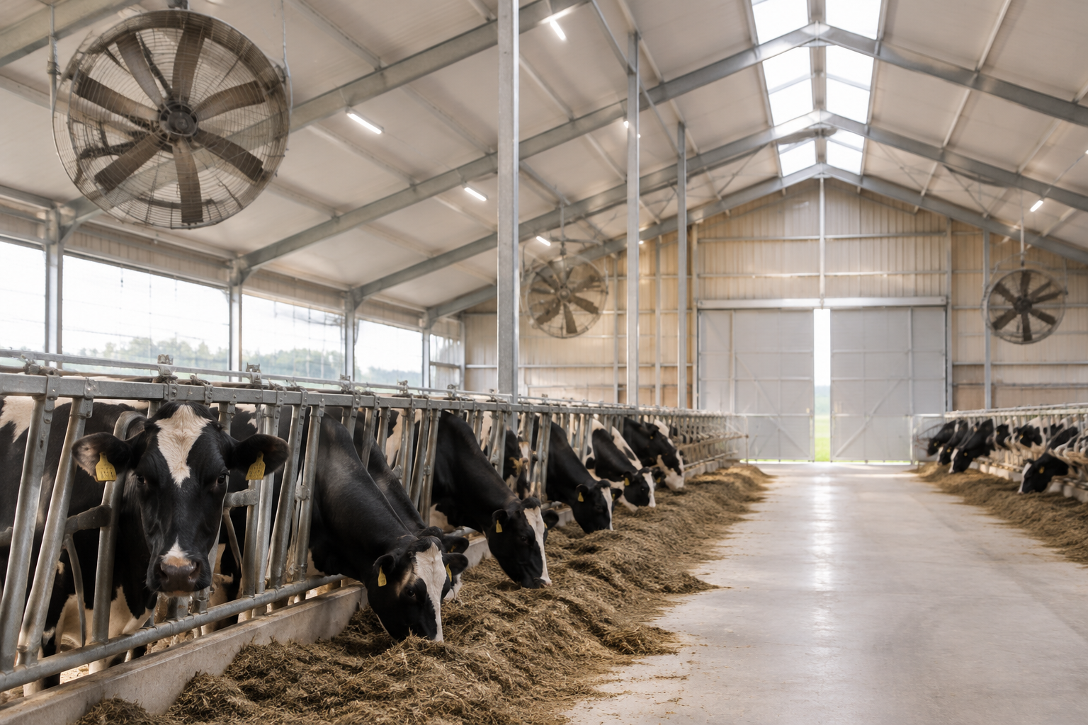Koeien in een moderne stal met ventilatoren en halfopen deuren