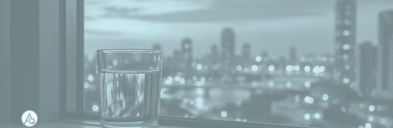 Een glas water op een vensterbank in de schemering met vervaagde stadslichten erachter