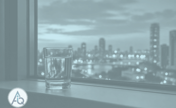Een glas water op een vensterbank in de schemering met vervaagde stadslichten erachter