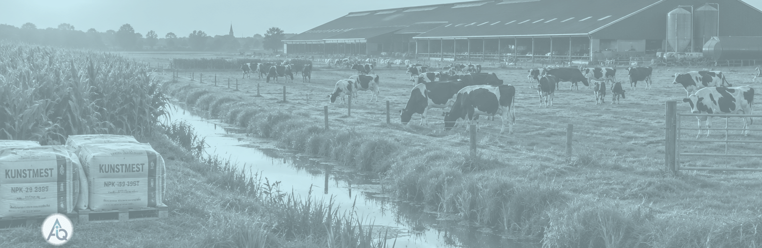 Intensieve veehouderij met stal en koeienweide in de Nederlandse polder bij avondlicht