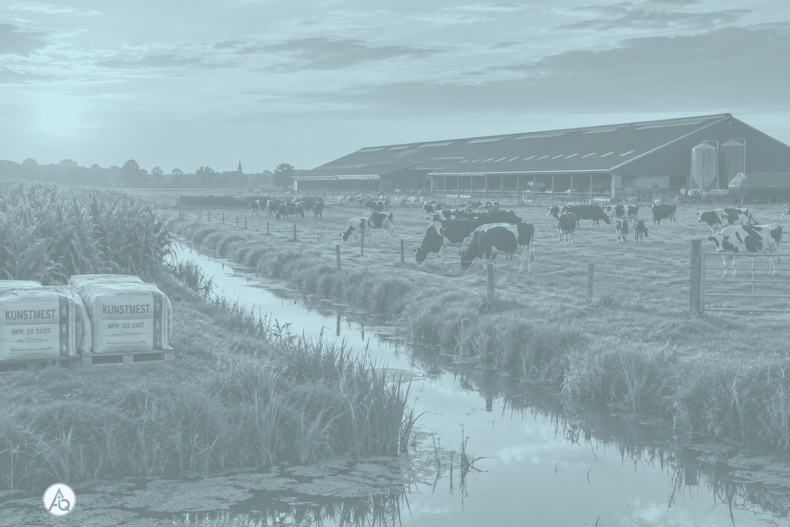 Intensieve veehouderij met stal en koeienweide in de Nederlandse polder bij avondlicht