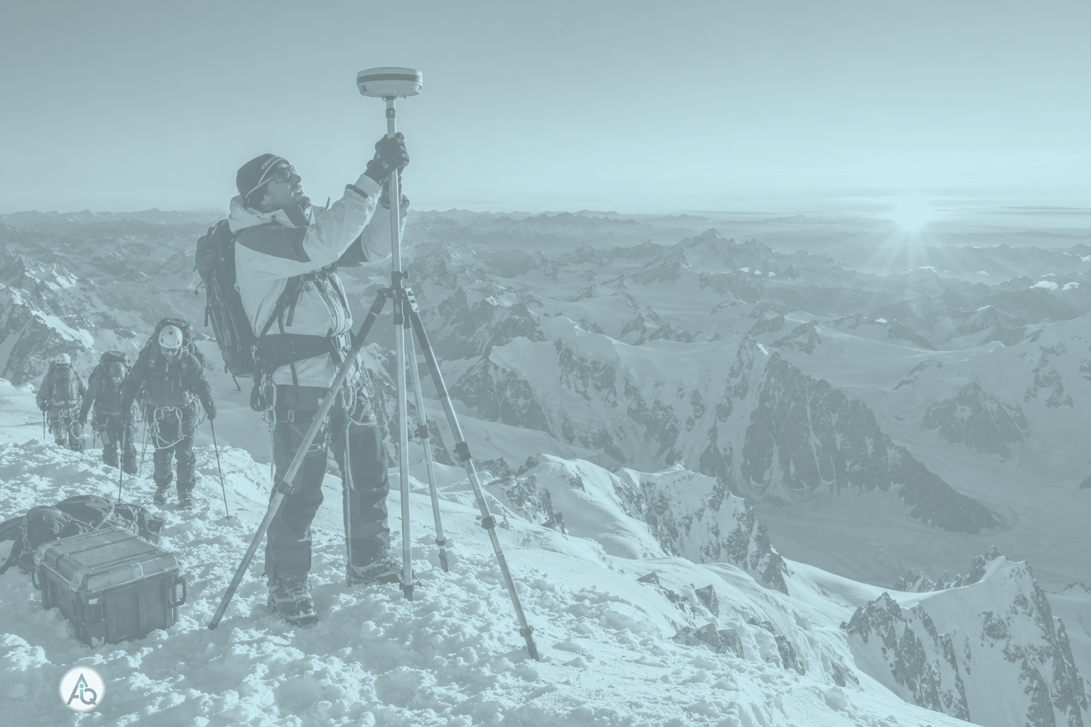 Landmeter meet met GNSS-antenne op de besneeuwde top van de Mont Blanc bij zonsopgang