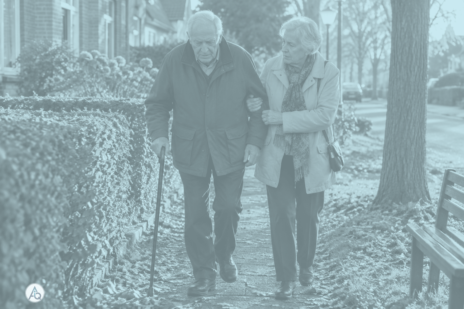 Oudere man met wandelstok wandelt gesteund door zijn partner door een Nederlandse woonwijk