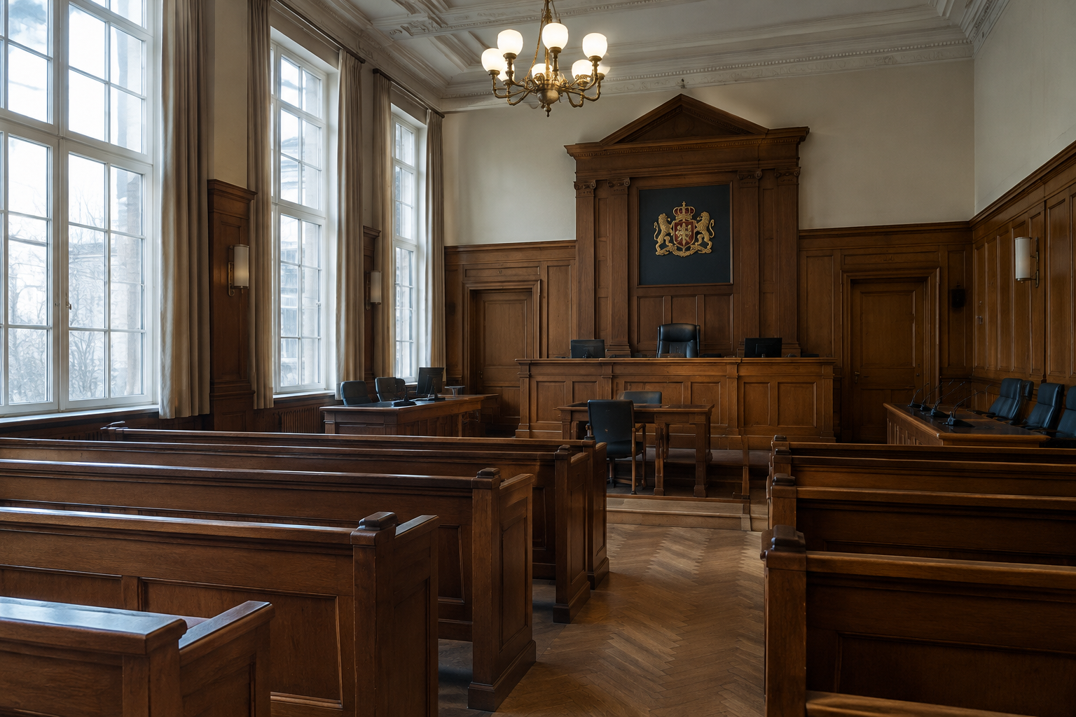 Lege rechtszaal met houten banken en een rechterstoel bij zacht daglicht
