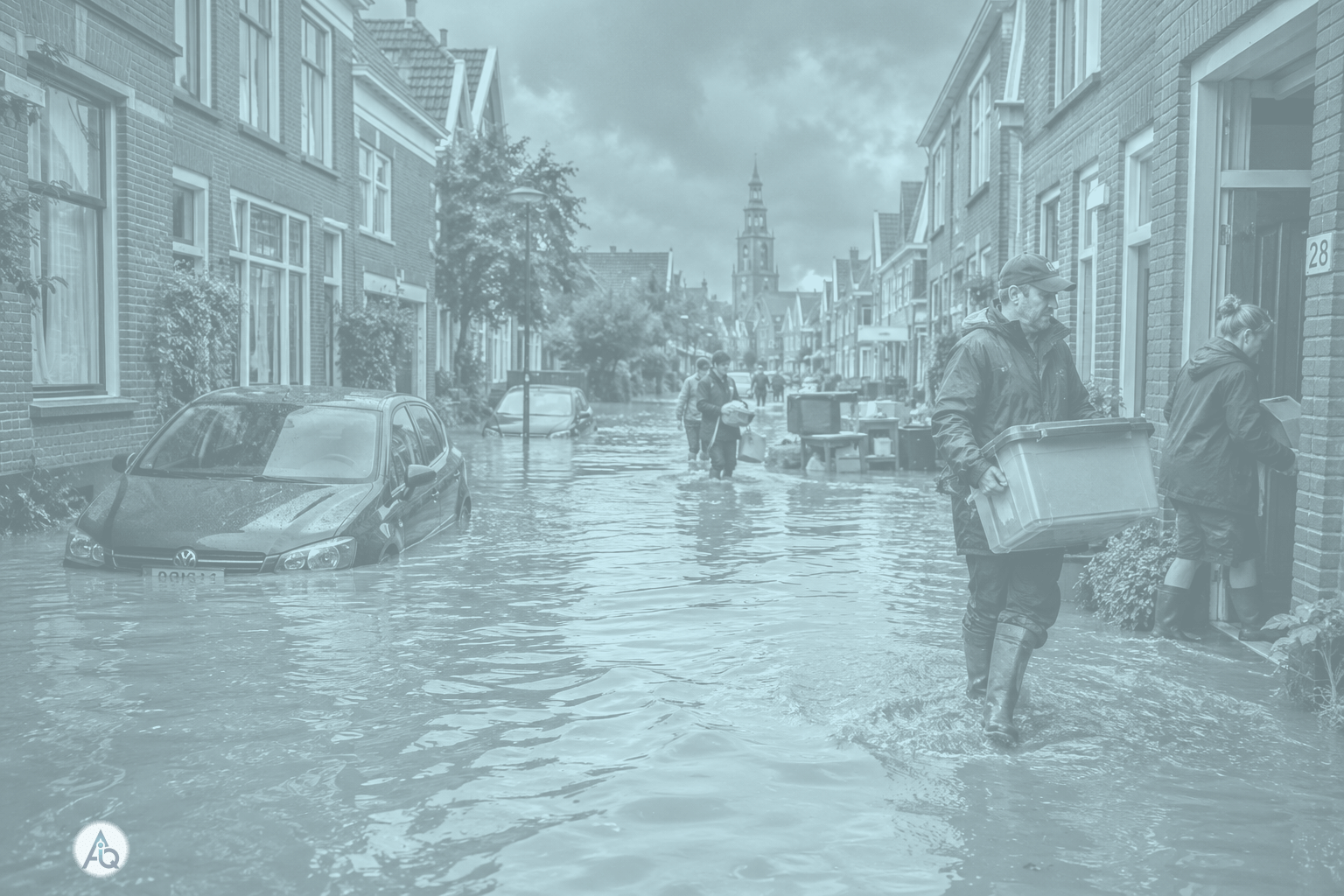 Overstroomde straat na een wolkbreuk, met bewoners die spullen in veiligheid brengen