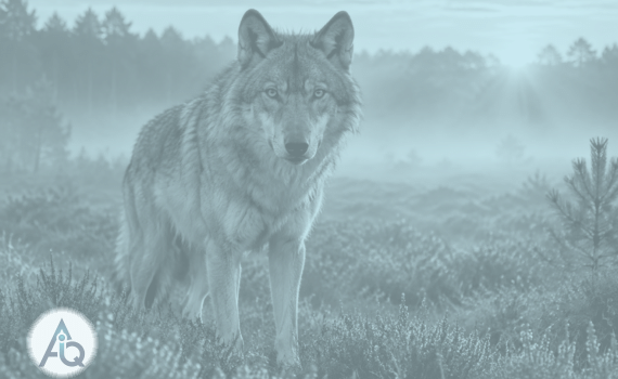 Wolf op een Nederlandse heidevlakte met bloeiende heide in gouden ochtendlicht