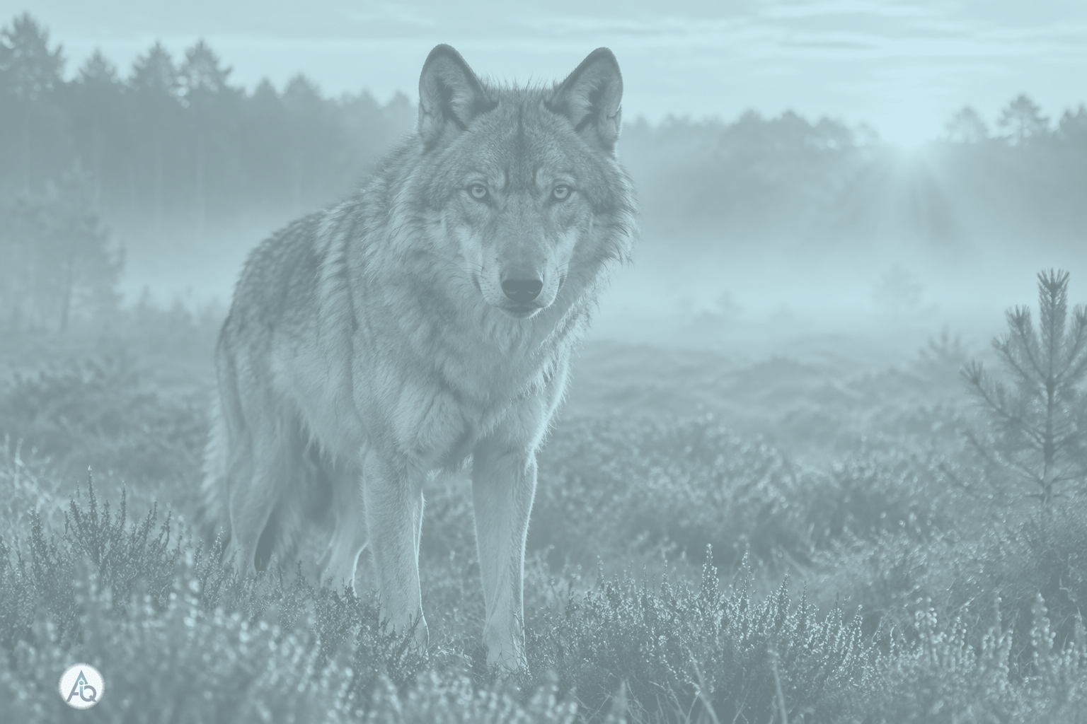 Wolf op een Nederlandse heidevlakte met bloeiende heide in gouden ochtendlicht