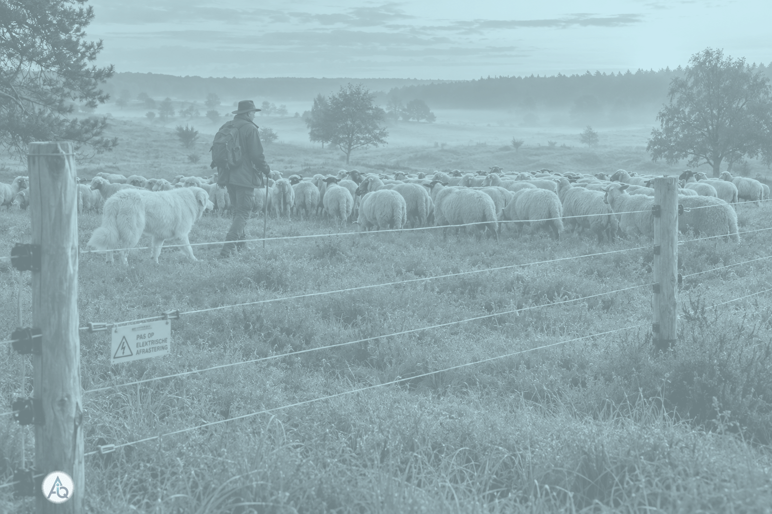Herder met waakhond langs schapen achter een wolfwerend raster in een Nederlandse weide